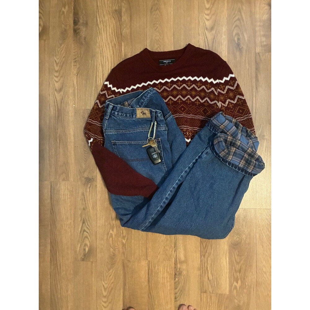 Men Small Burgundy Fair Isle Knit Crewneck Sweater Maroon Patterned Forever 21